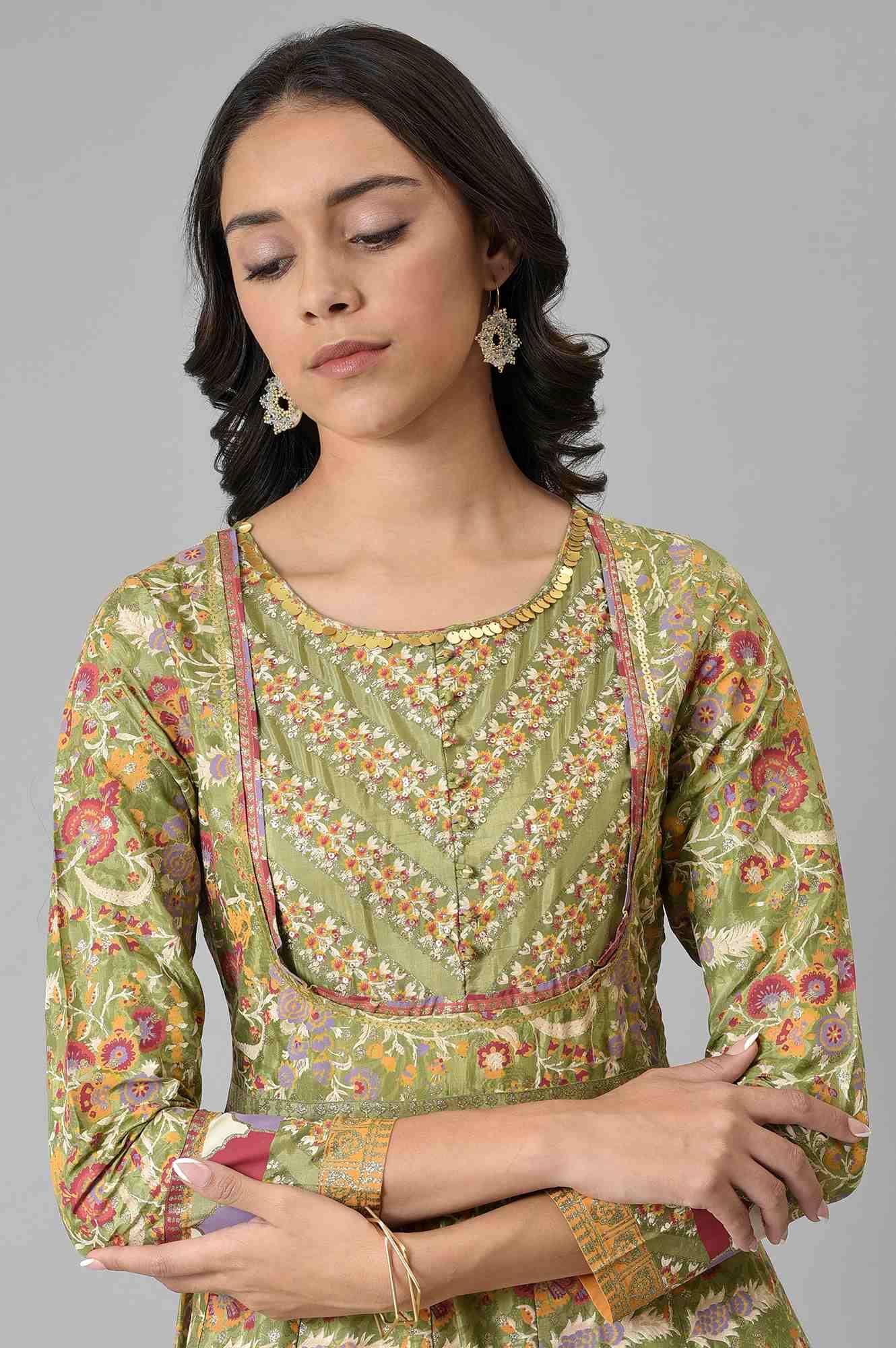Olive Green Flared Anarkali Printed kurta - wforwoman