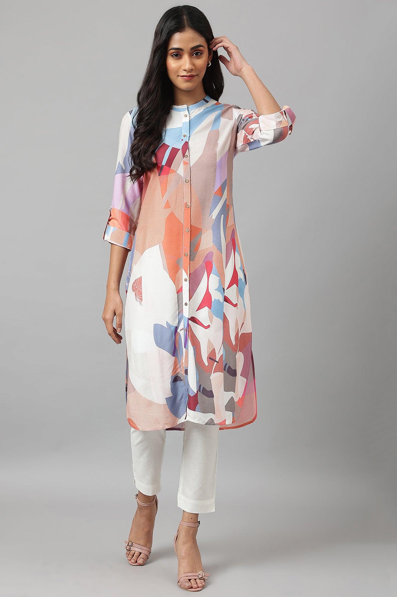Multicoloured Full Placket Mandarin Collar kurta - wforwoman