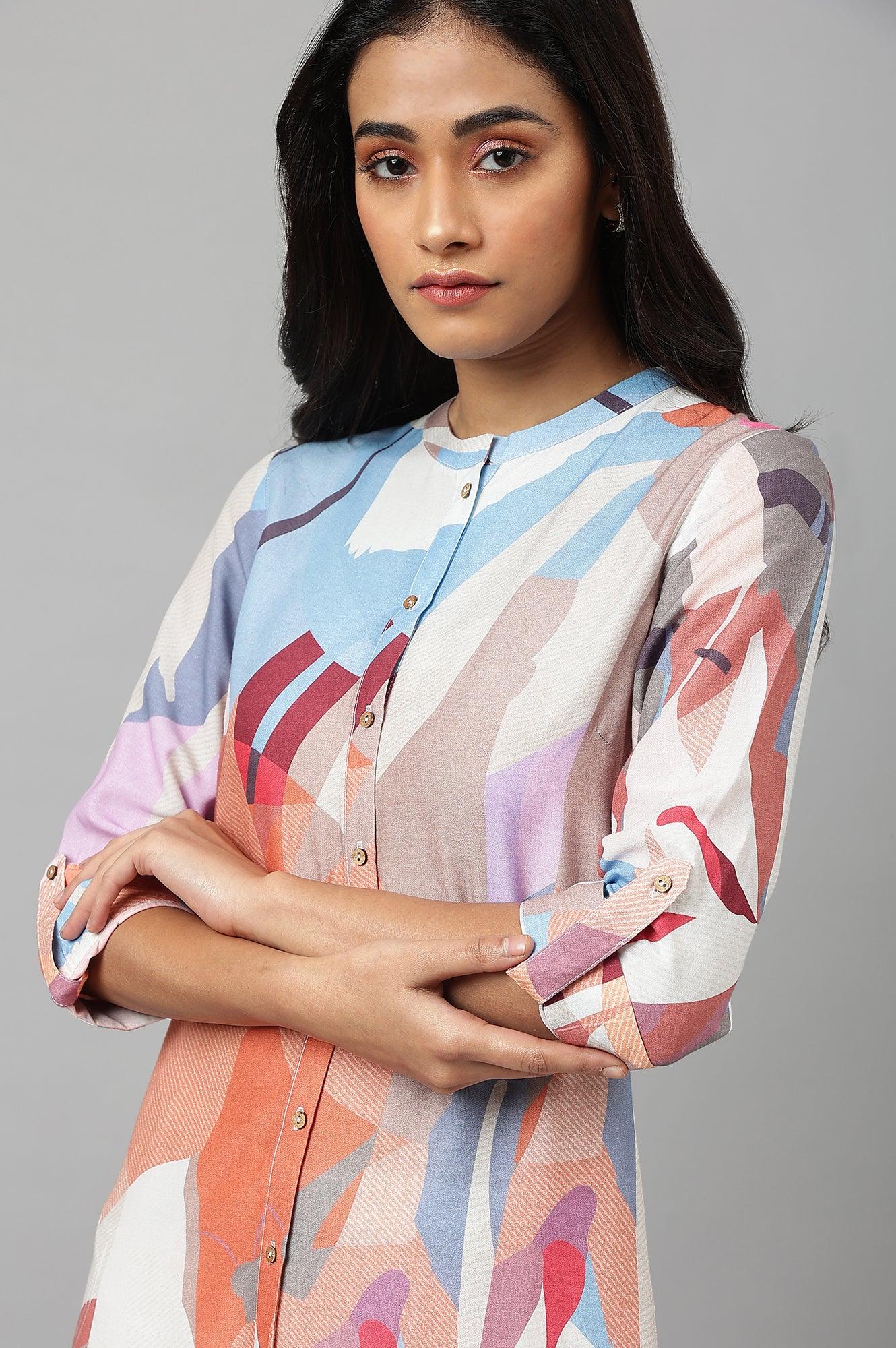 Multicoloured Full Placket Mandarin Collar kurta - wforwoman