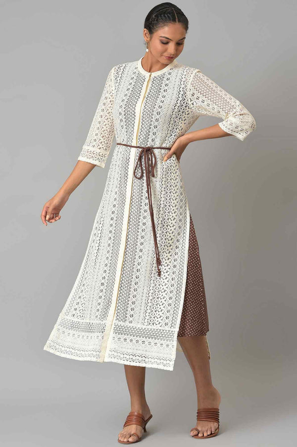 Ecru Crochet Jacket With A-Line Brown kurta