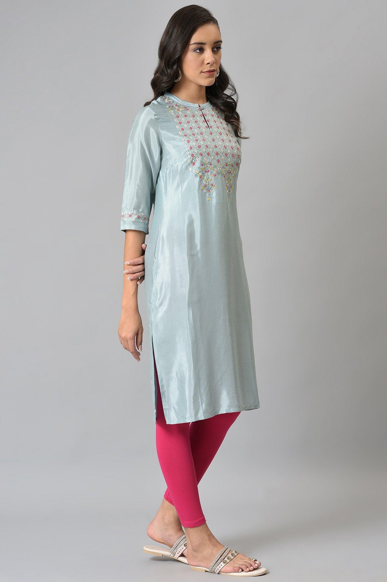 Light Blue Embroidered kurta In Mandarin Collar - wforwoman