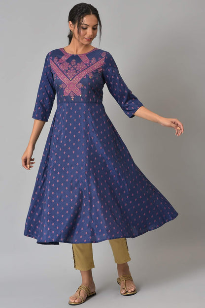 Navy Blue Circular kurta With Seqiuns - wforwoman