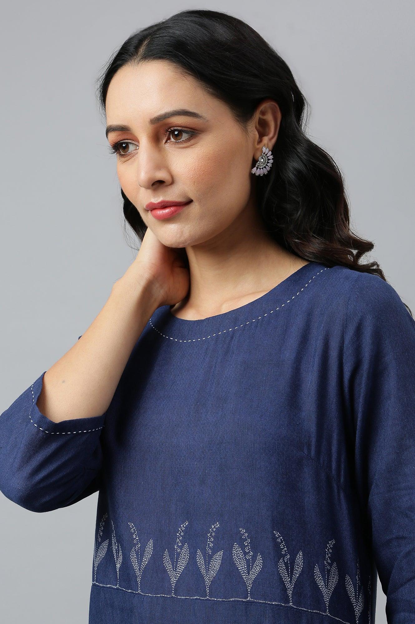 Dark Blue Floral kurta With Kantha Details - wforwoman