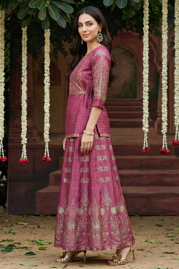 Grape Purple Glitter Floral Embellished Shantung A-Line Duo Dress