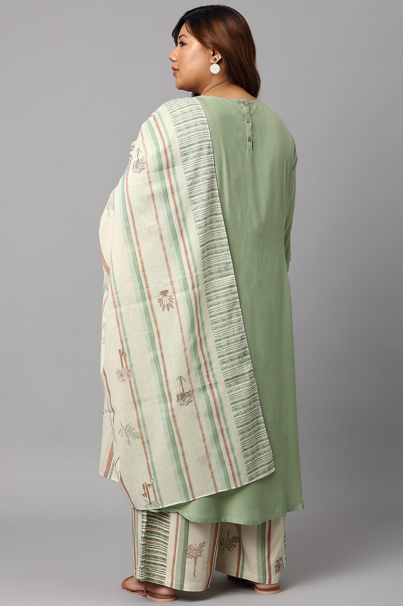 Light Green Plus Size Embroidered kurta With Printed Parallel Pants And Dupatta - wforwoman
