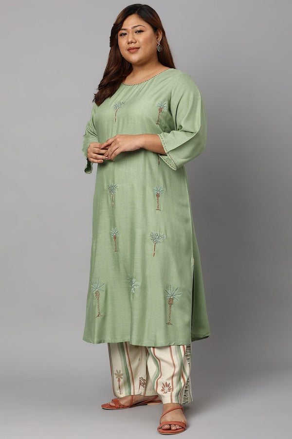 Light Green Plus Size Embroidered kurta With Printed Parallel Pants And Dupatta