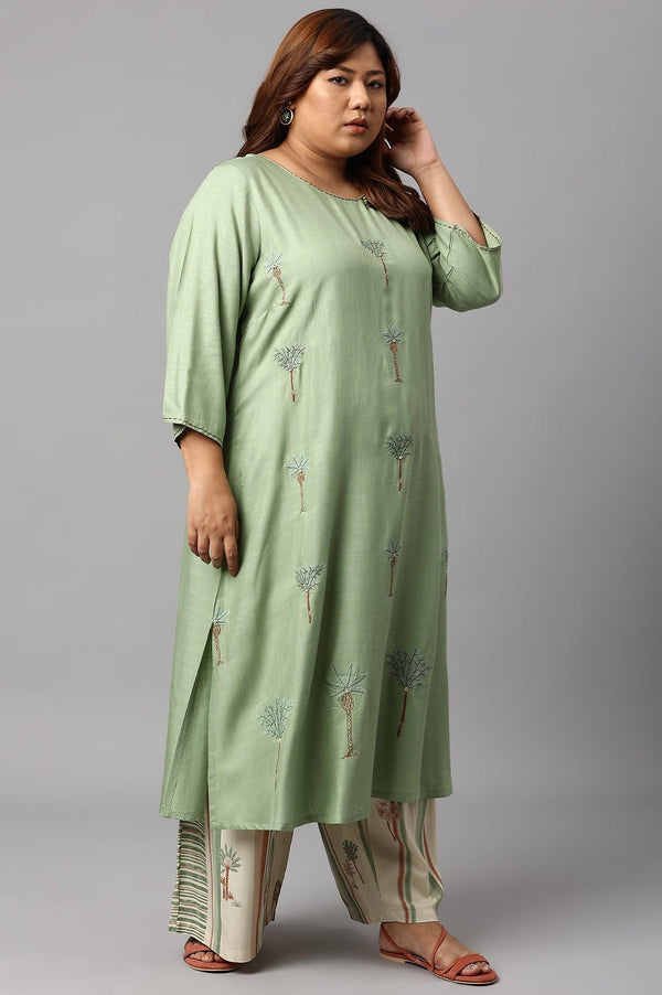 Light Green Plus Size Embroidered kurta With Printed Parallel Pants And Dupatta