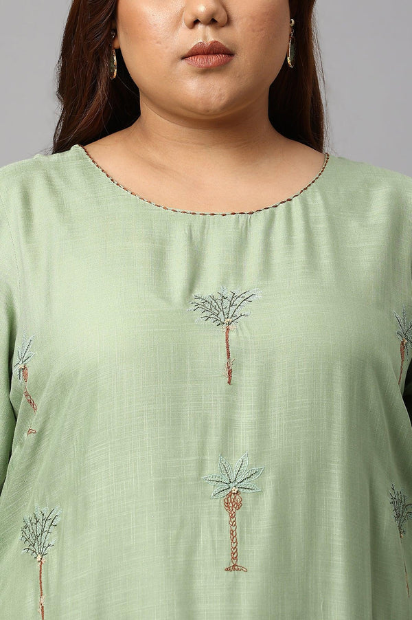 Light Green Plus Size Embroidered kurta With Printed Parallel Pants And Dupatta