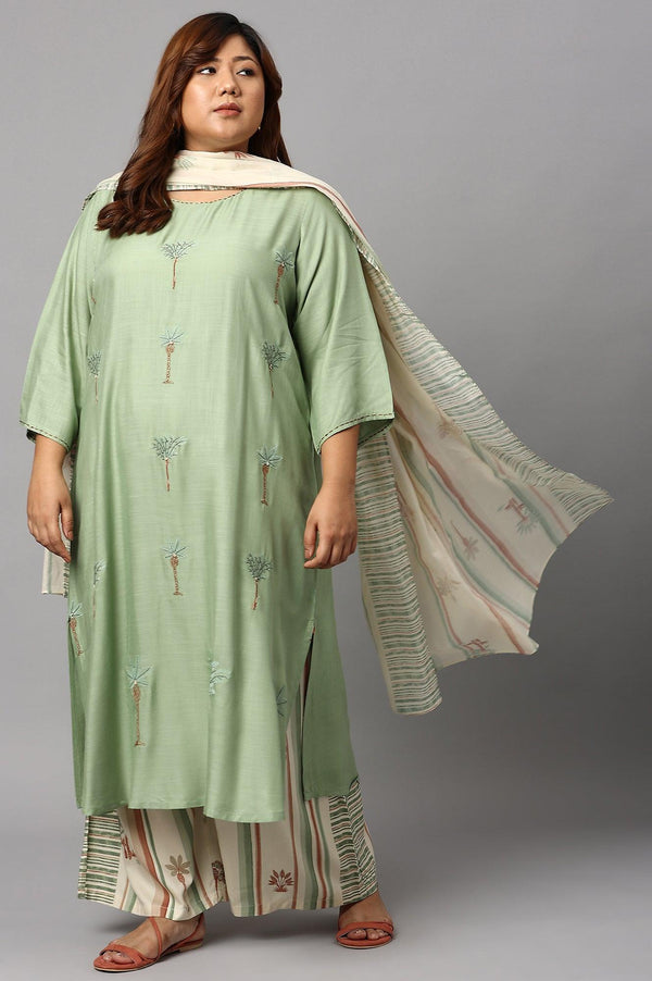 Light Green Plus Size Embroidered kurta With Printed Parallel Pants And Dupatta