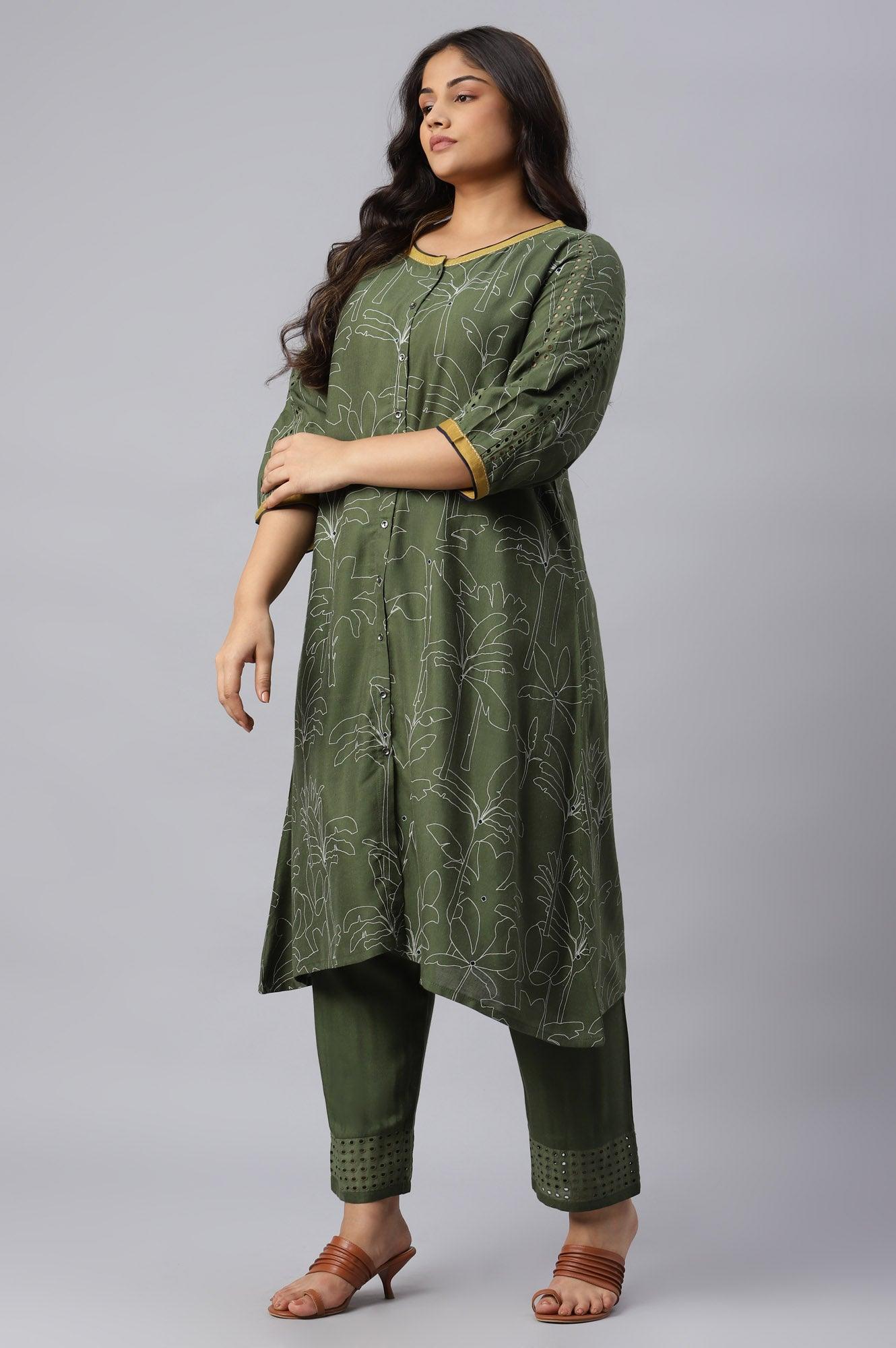 Dark Green Plus Size Landscape Print kurta With Pants - wforwoman