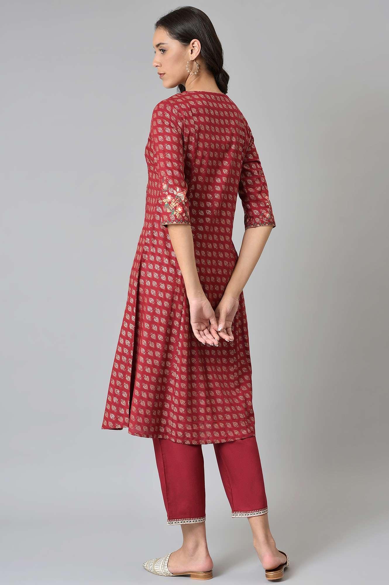 Maroon Mock Layer Festive kurta With Straight Pants - wforwoman
