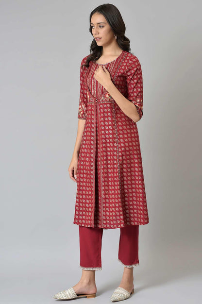 Maroon Mock Layer Festive kurta With Straight Pants - wforwoman