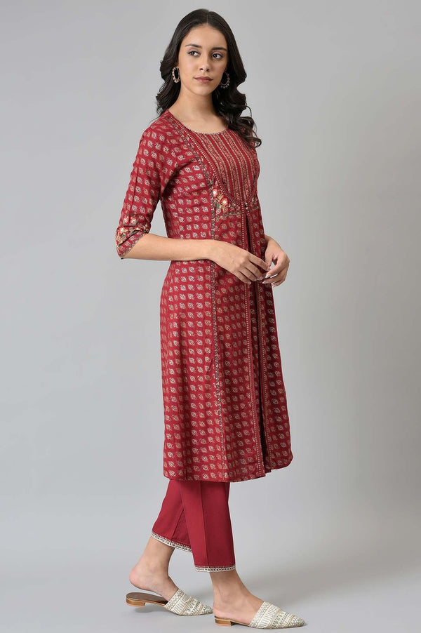Maroon Mock Layer Festive kurta With Straight Pants