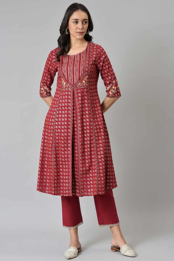 Maroon Mock Layer Festive kurta With Straight Pants
