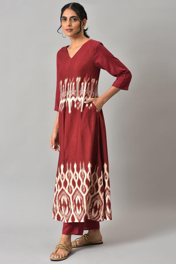 Dark Red Ikkat Print Front Pleat kurta with Straight Pants Co-ord Set