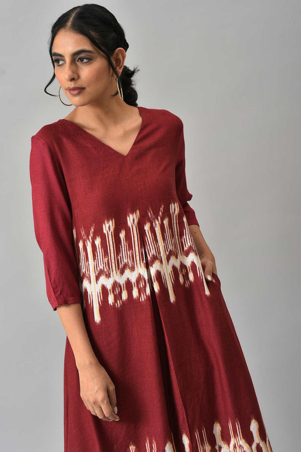Dark Red Ikkat Print Front Pleat kurta with Straight Pants Co-ord Set