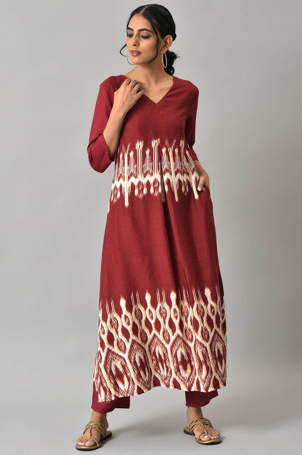 Dark Red Ikkat Print Front Pleat kurta with Straight Pants Co-ord Set