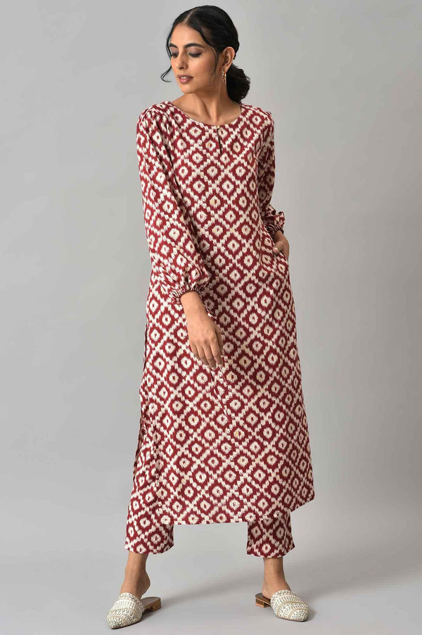 Dark Red Ikkat Print kurta with Slim Pants Co-ord Set