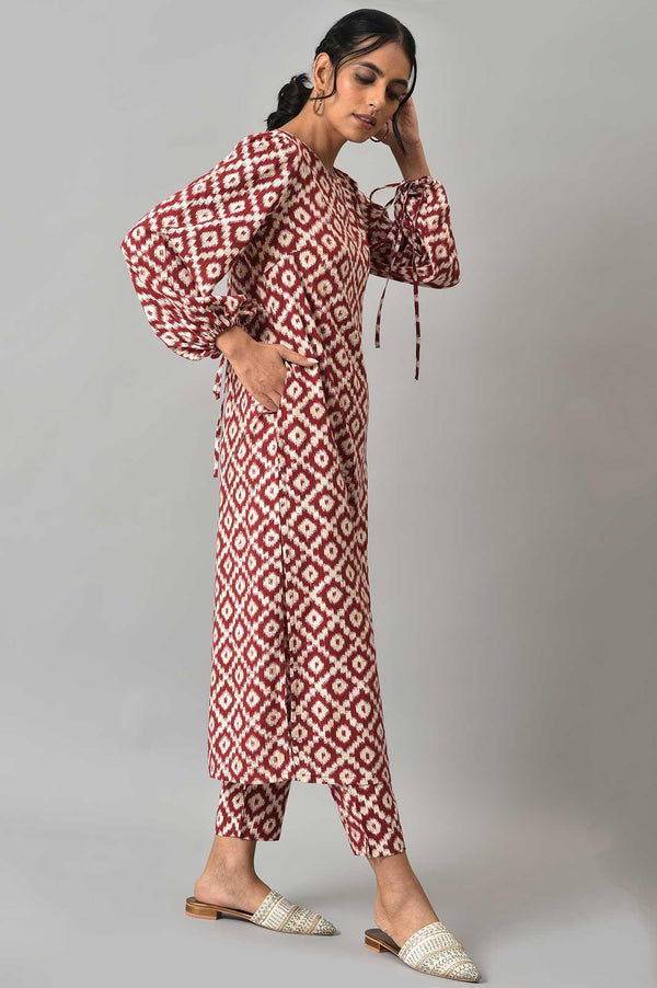 Dark Red Ikkat Print kurta with Slim Pants Co-ord Set