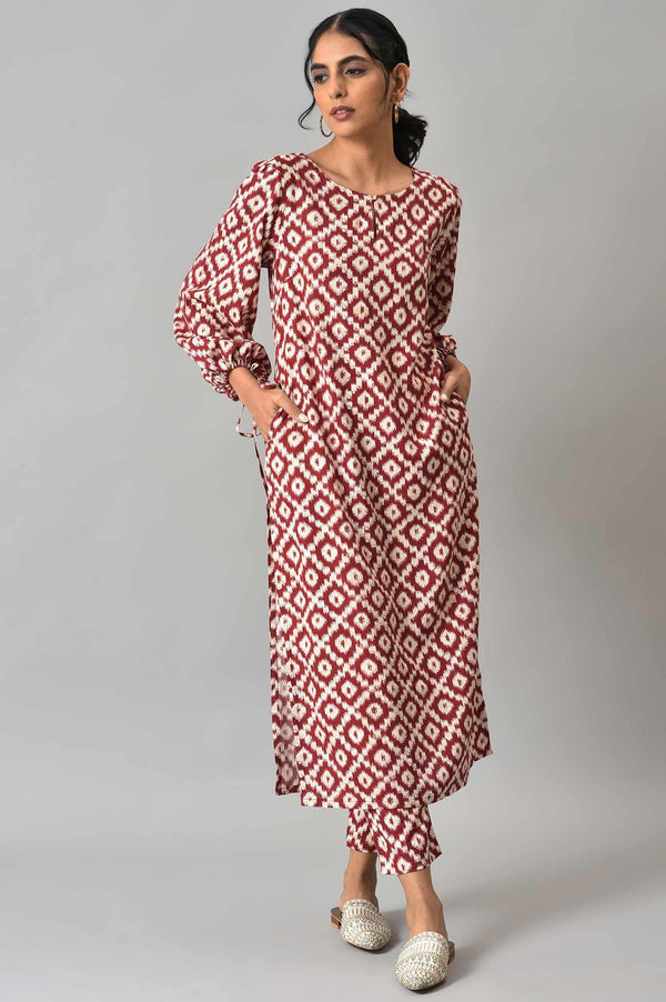Dark Red Ikkat Print kurta with Slim Pants Co-ord Set