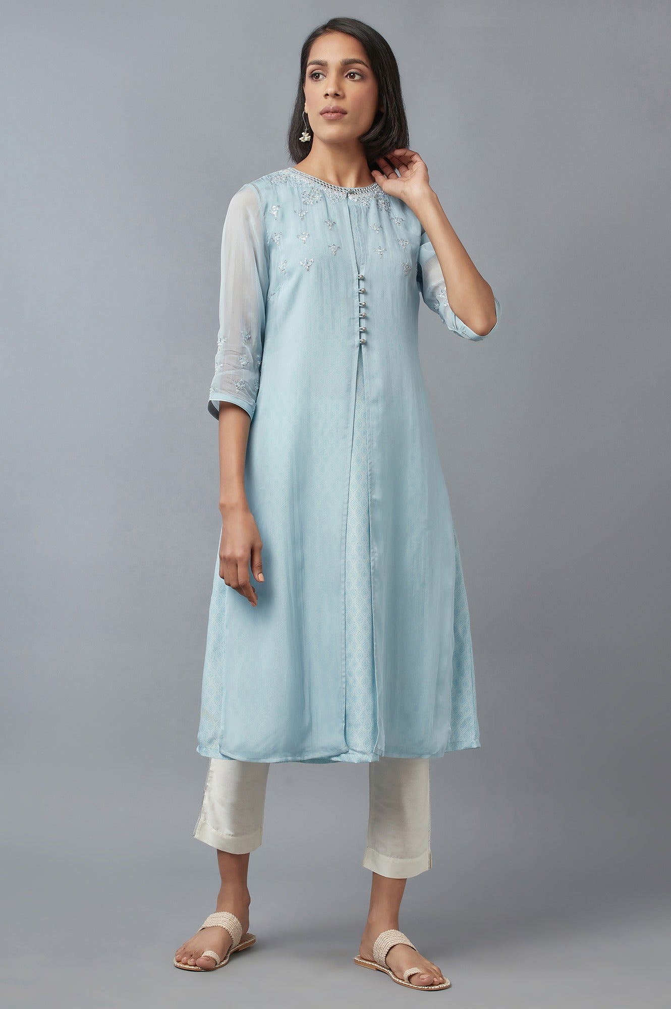 Blue Embroidered Gillet with Textured kurta