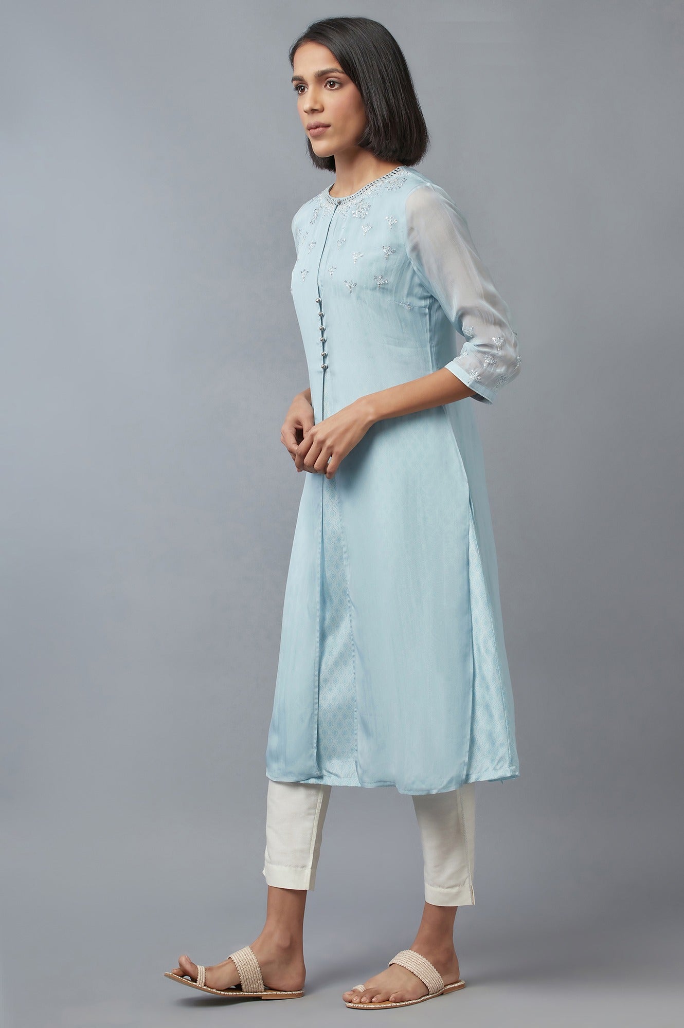 Blue Embroidered Gillet with Textured kurta