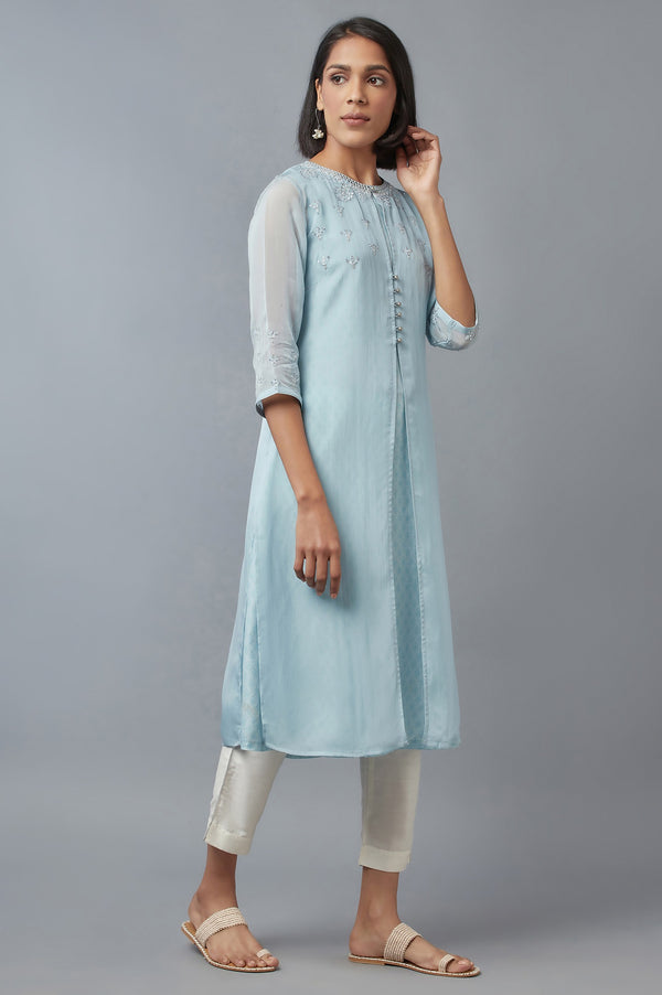 Blue Embroidered Gillet with Textured kurta