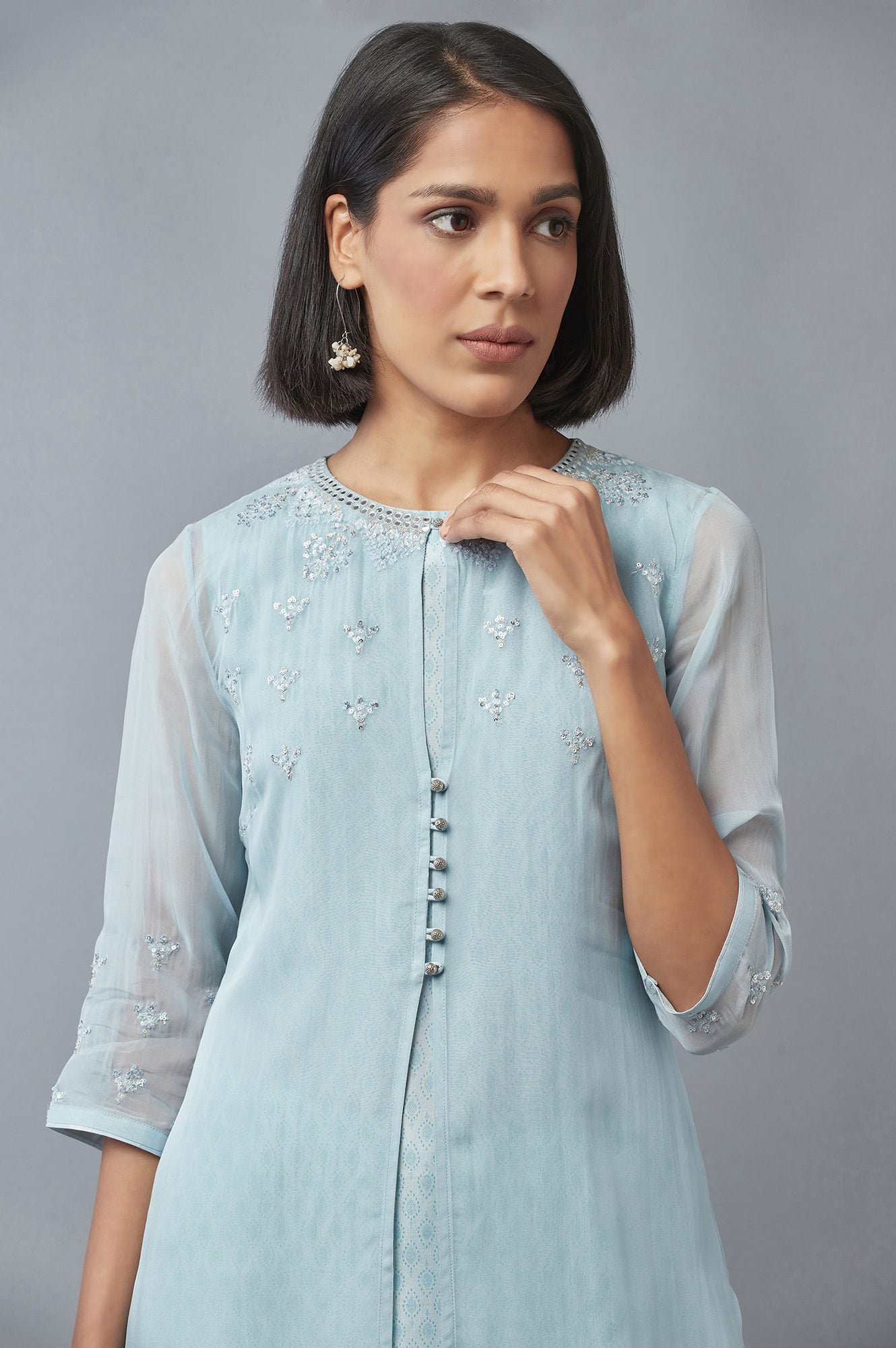 Blue Embroidered Gillet with Textured kurta