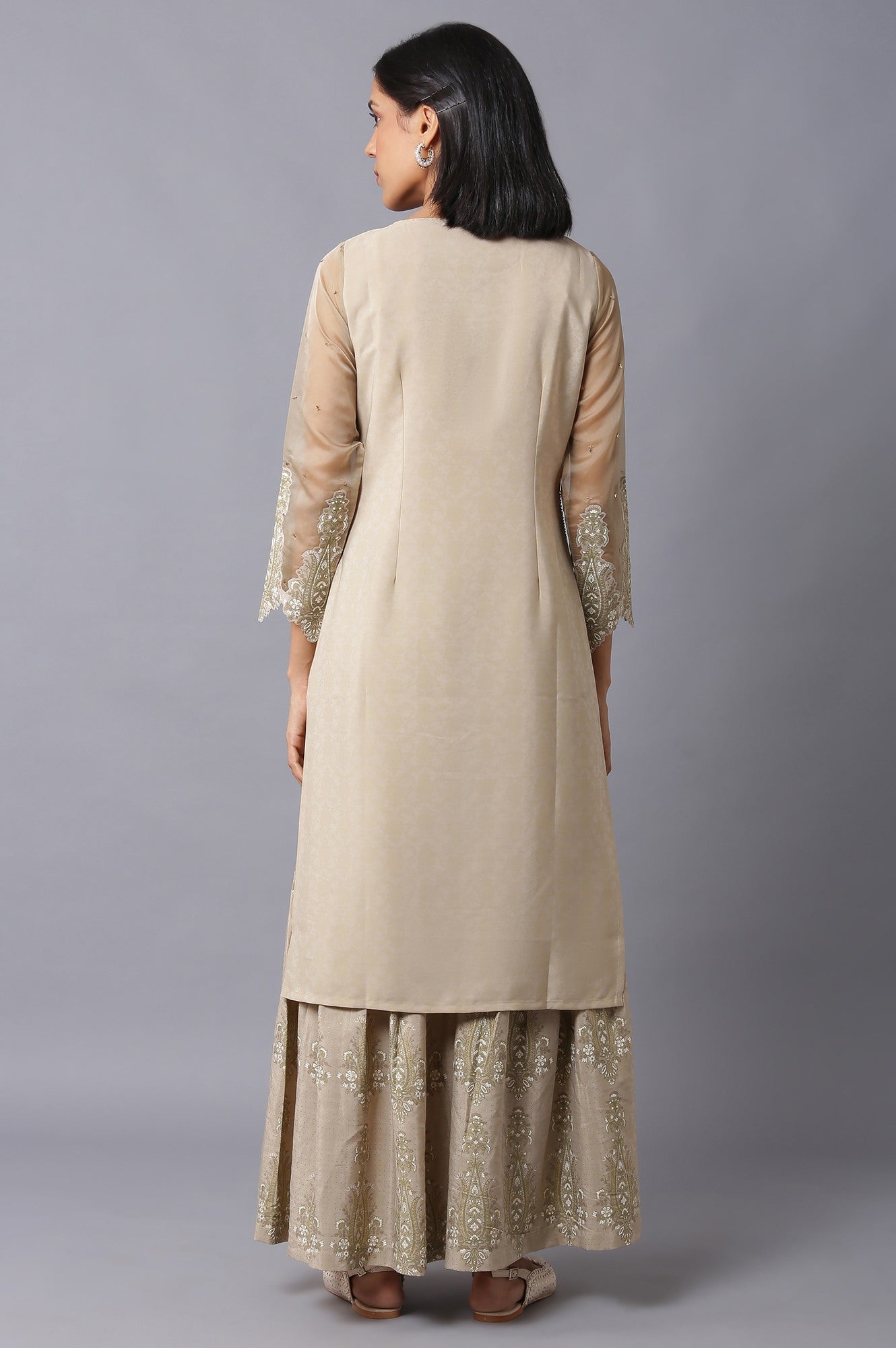 Gold Beige Floral Printed kurta With Embroidery