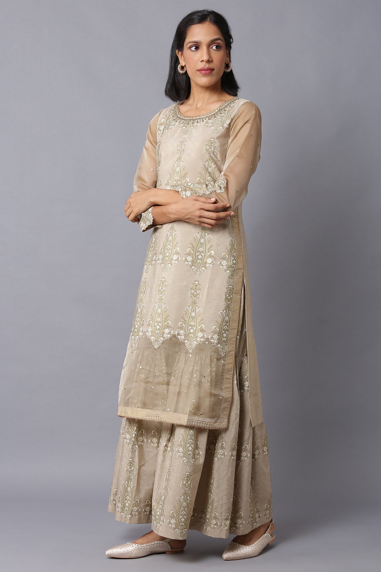 Gold Beige Floral Printed kurta With Embroidery