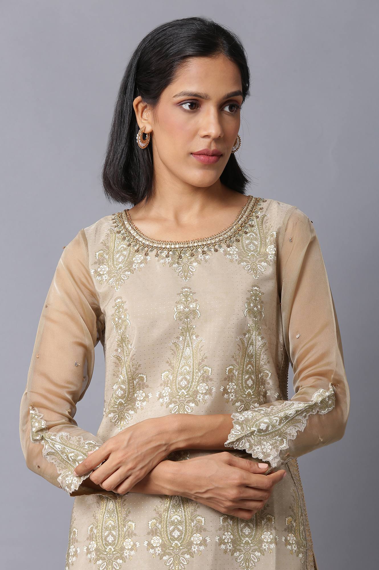 Gold Beige Floral Printed kurta With Embroidery