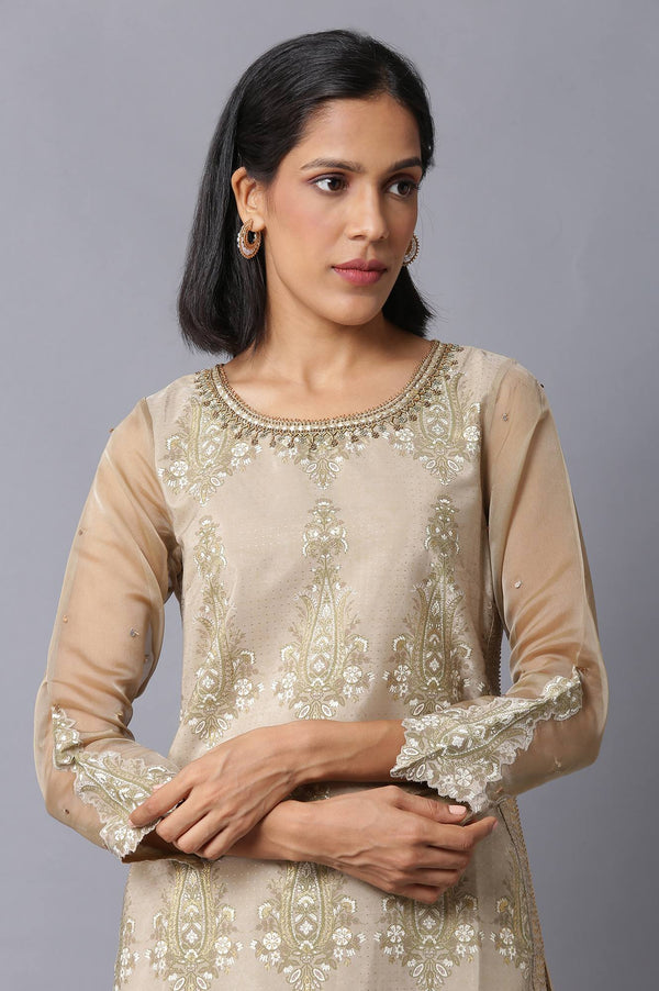 Gold Beige Floral Printed kurta With Embroidery