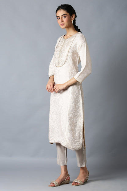 Light Pink Jacquard kurta In Round Neck