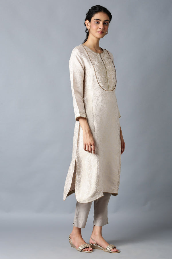Light Pink Jacquard kurta In Round Neck