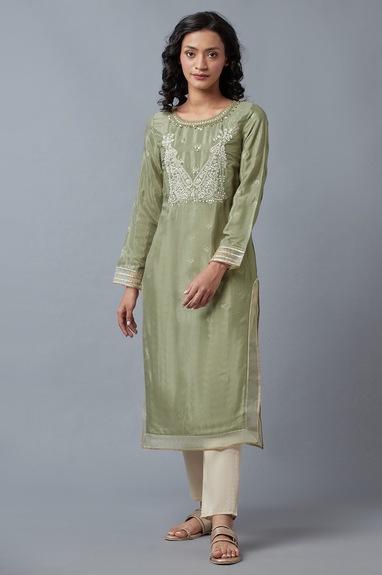 Olive Green Glitter Print Round Neck kurta With Embroidery