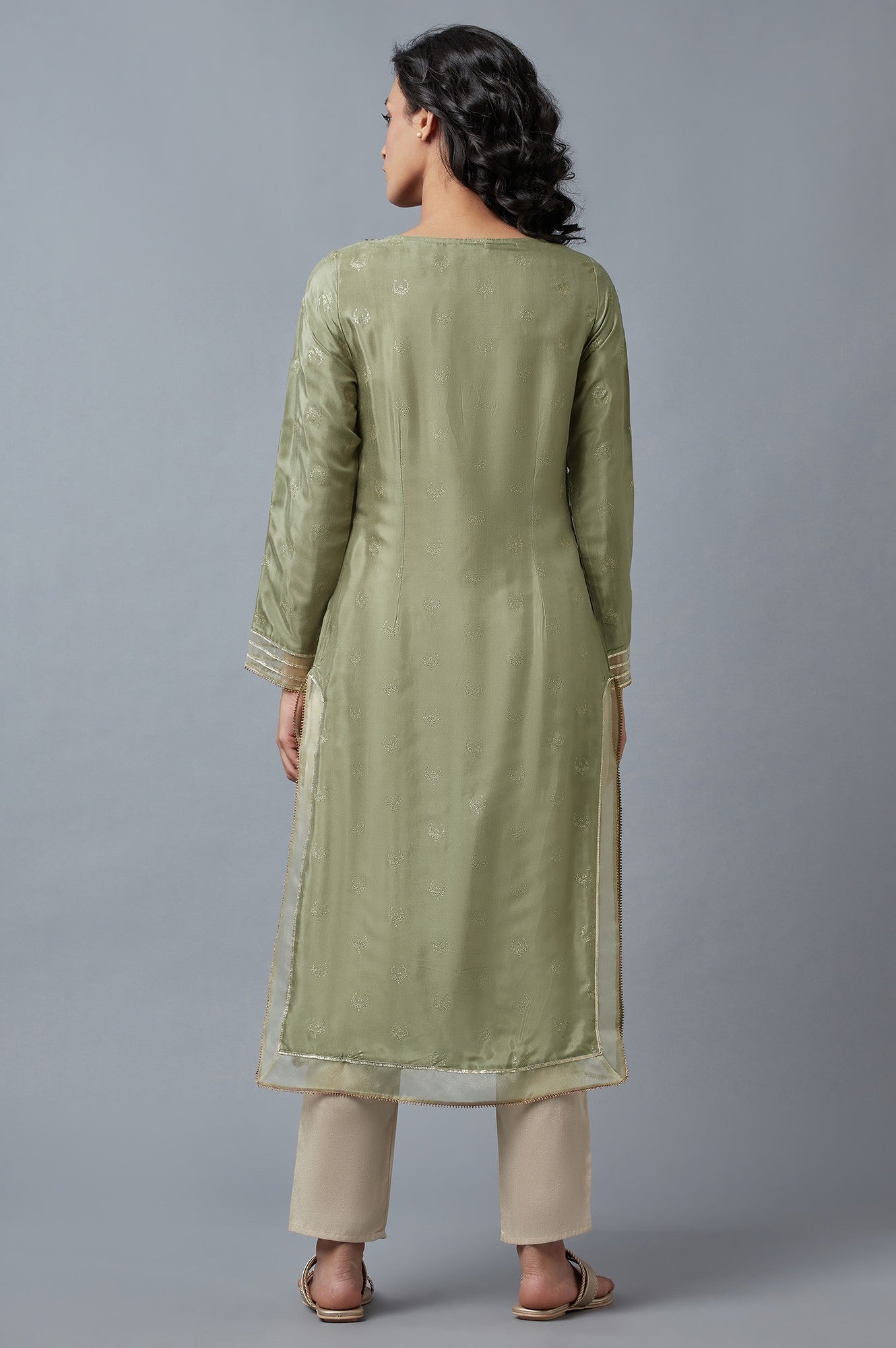 Olive Green Glitter Print Round Neck Kurta With Embroidery