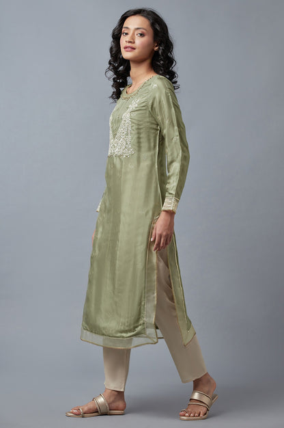 Olive Green Glitter Print Round Neck kurta With Embroidery