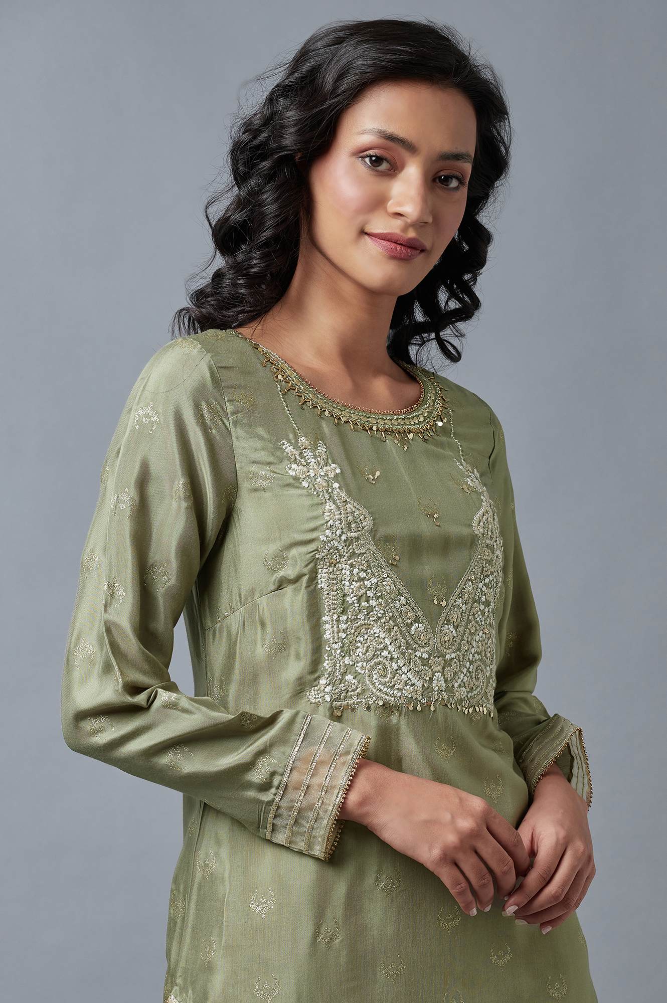 Olive Green Glitter Print Round Neck Kurta With Embroidery