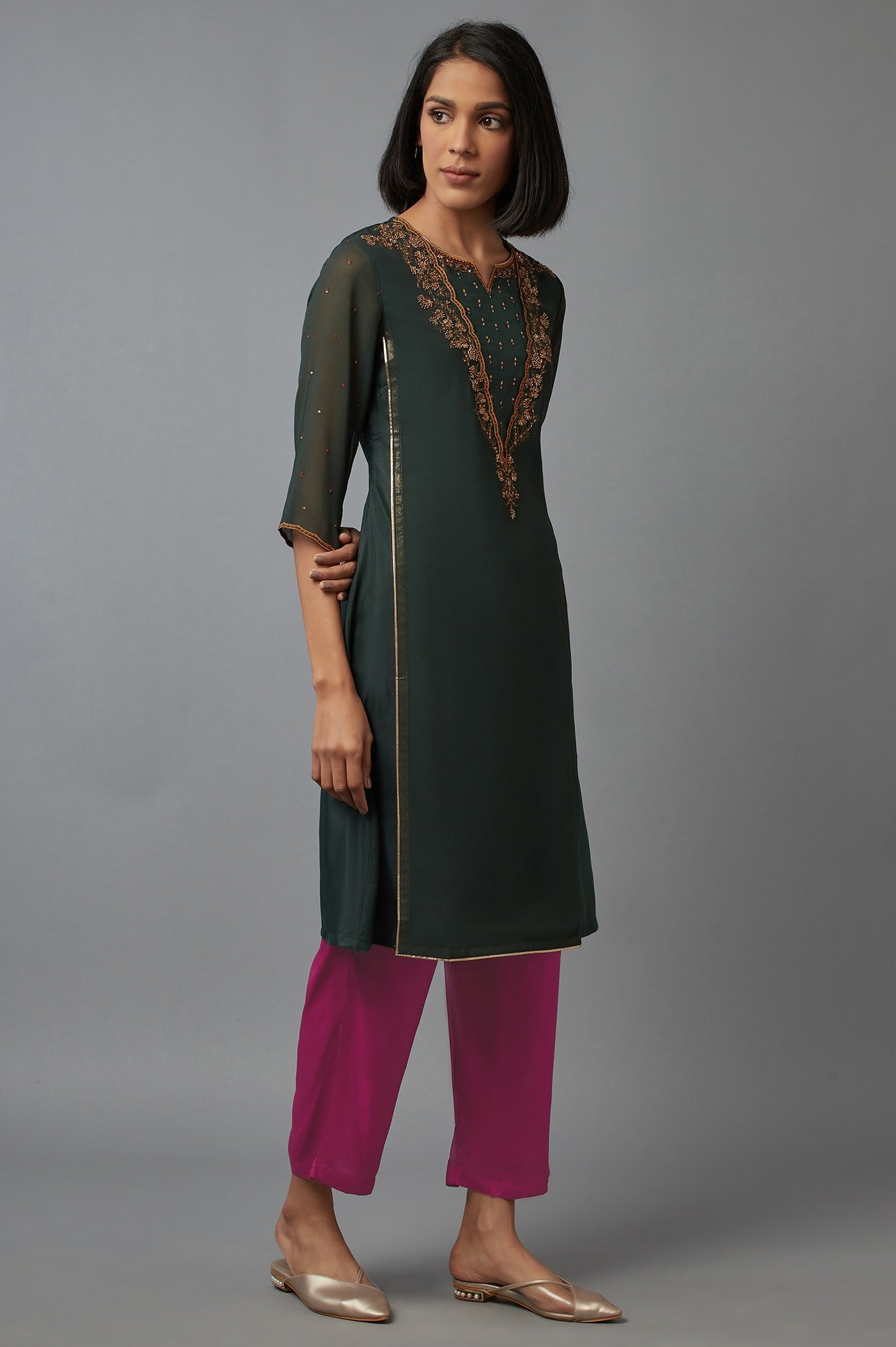 Bottle Green Mock Layer kurta