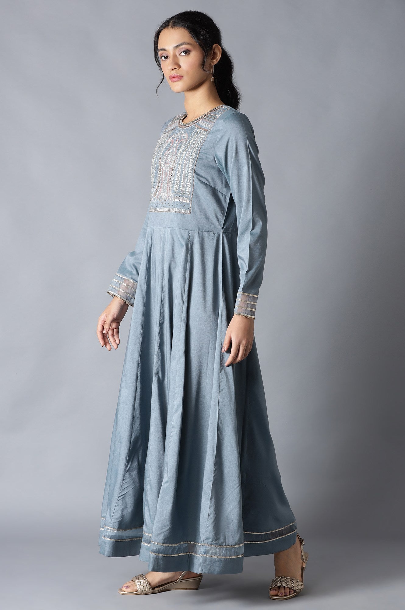 Blue Flared Round Neck Mughal Gown With Embroidery