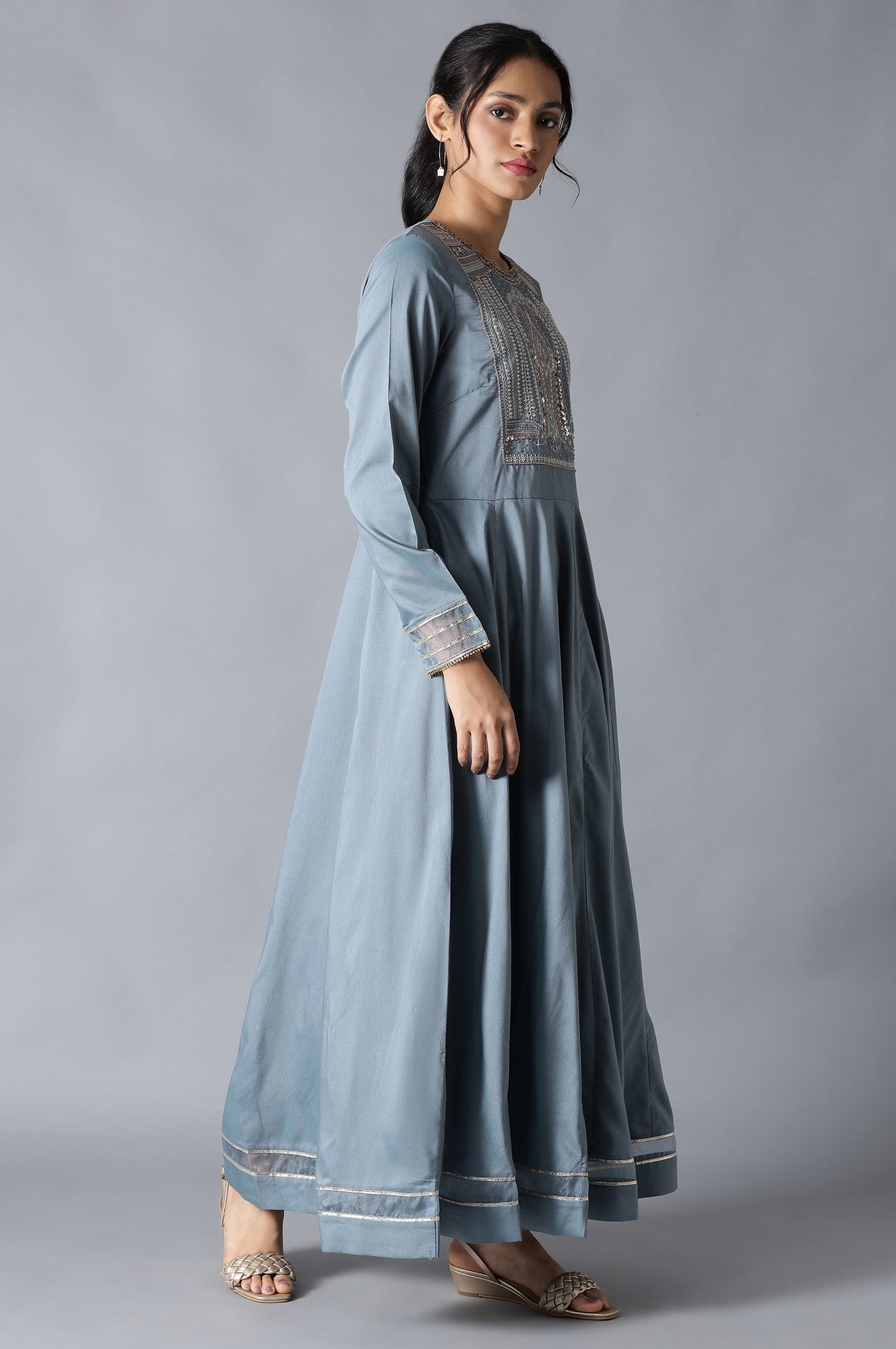 Blue Flared Round Neck Mughal Gown With Embroidery