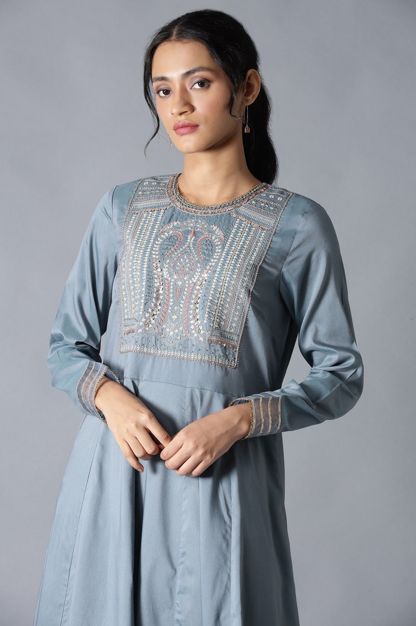 Blue Flared Round Neck Mughal Gown With Embroidery