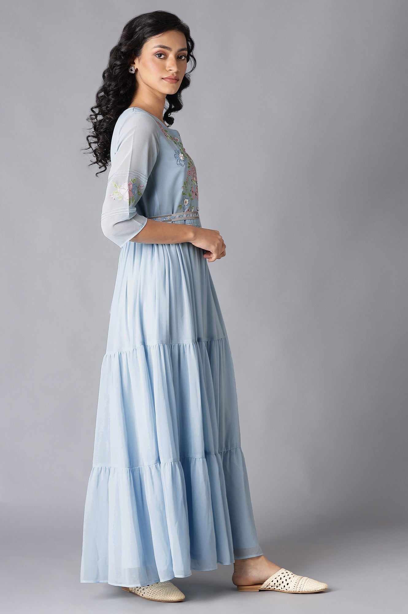 Blue Tiered Embroidered Dress With Belt