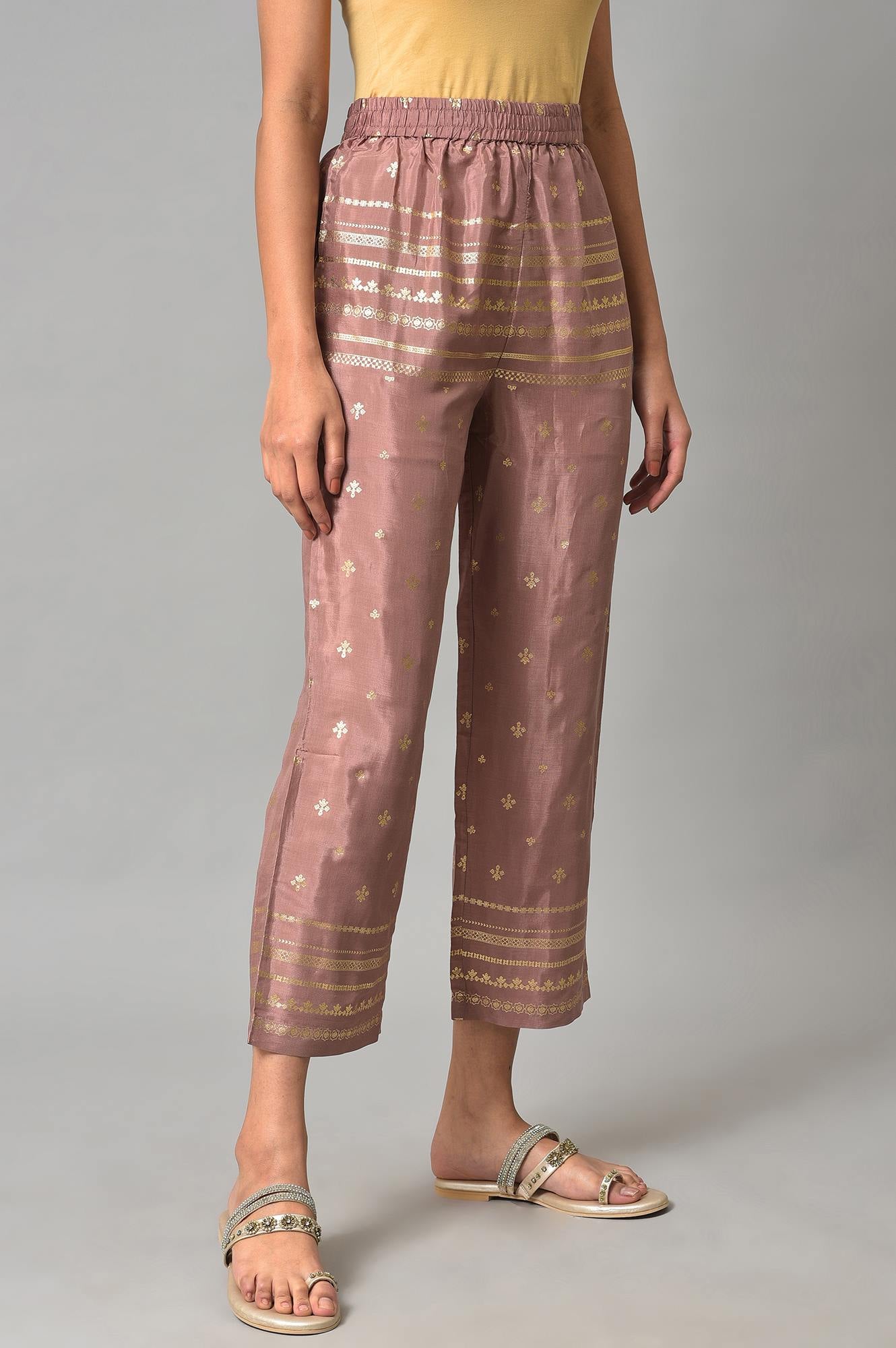 Onion Pink Printed Shantung Slim Pants