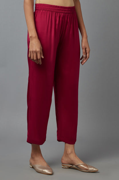 Dark Pink Solid Slim Pants in Straight Silhouette