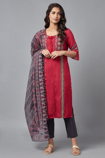 Red Printed kurta, Grey Slim Pants and Dupatta Set