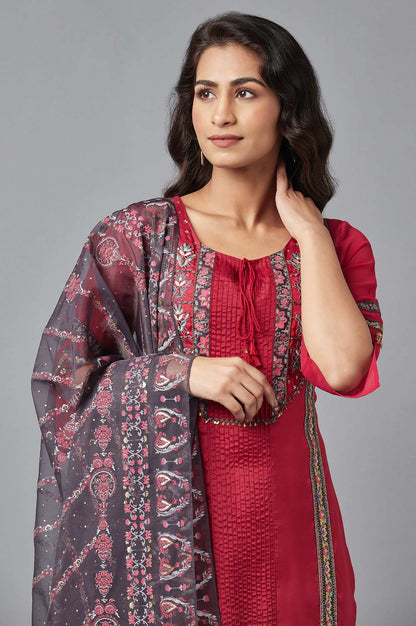 Red Printed kurta, Grey Slim Pants and Dupatta Set