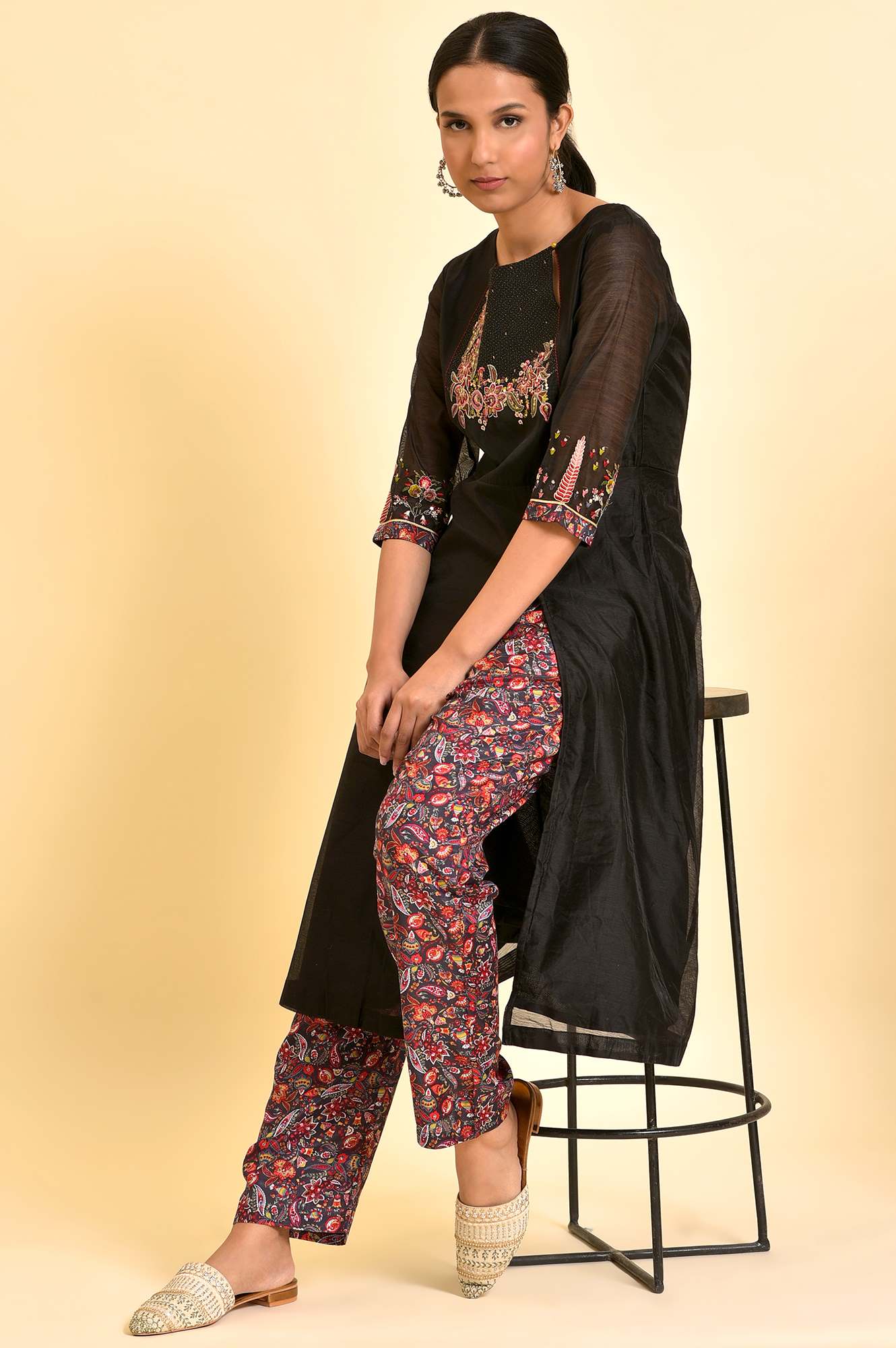 Black Chanderi kurta And Slim Pant Set