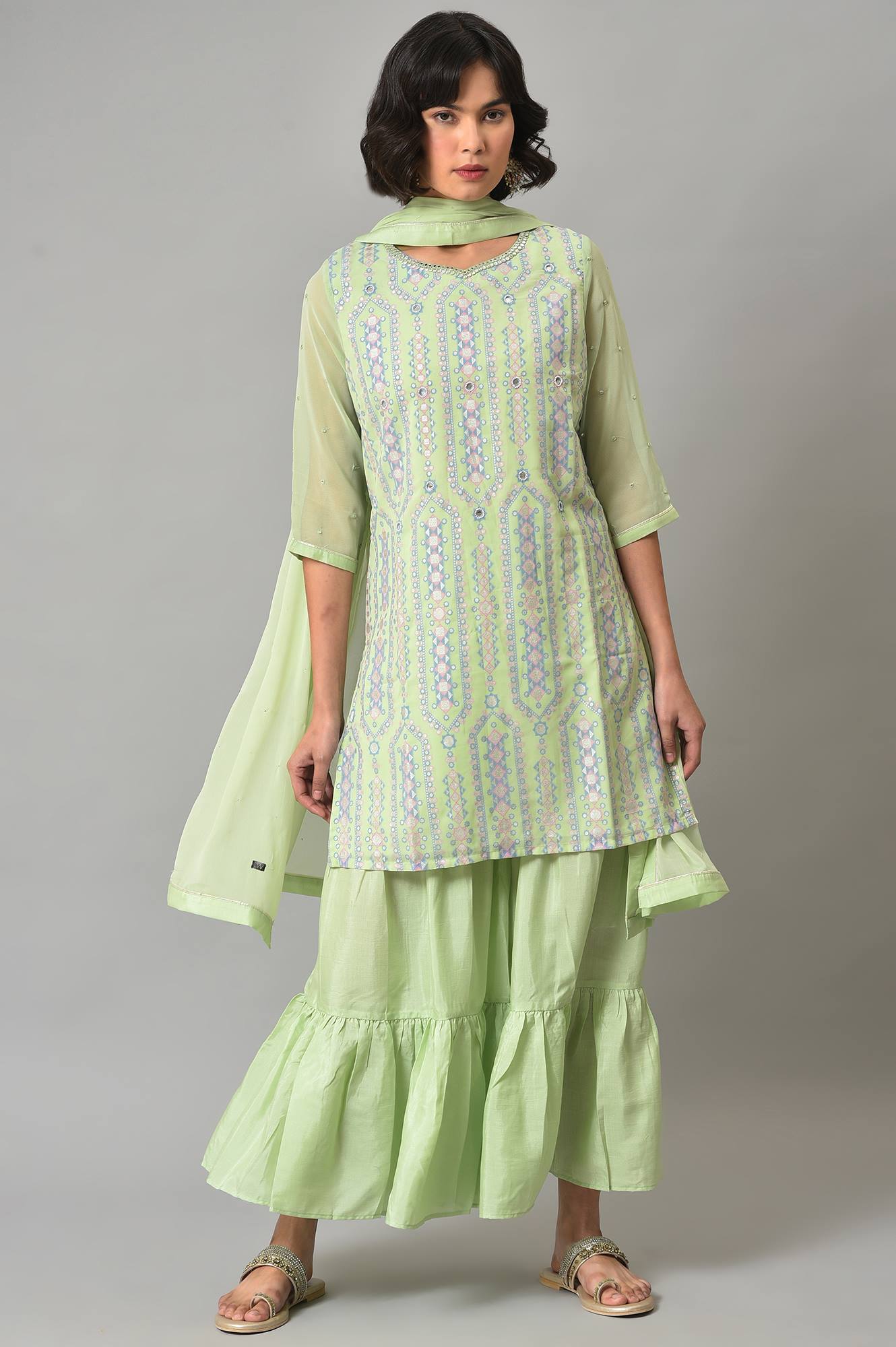 Green Printed kurta, Sharara And Dupatta Set