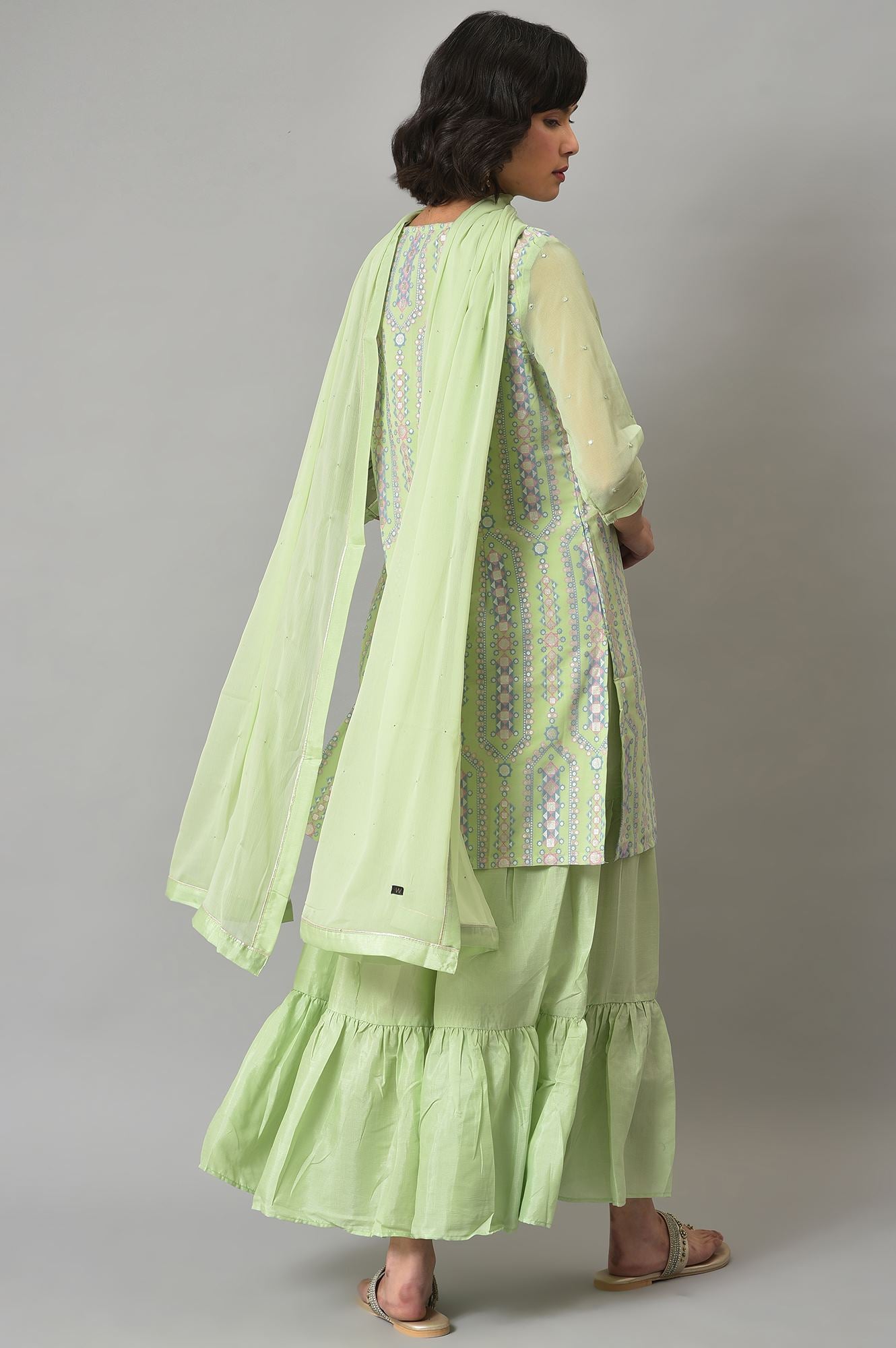 Green Printed kurta, Sharara And Dupatta Set